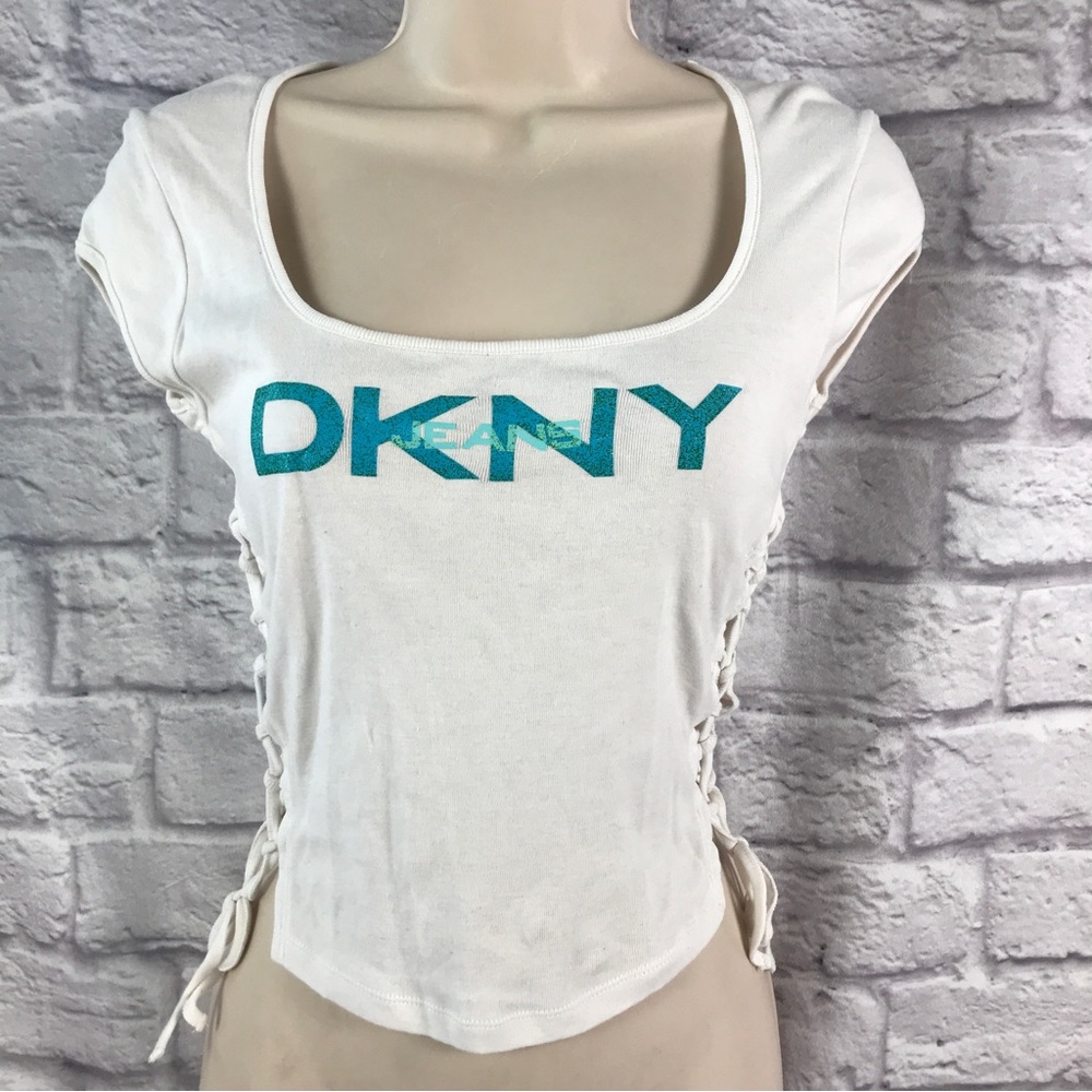 Vintage DKNY Tee in Cotton with Open‎ Lattice Sides Donna Karan New York a801